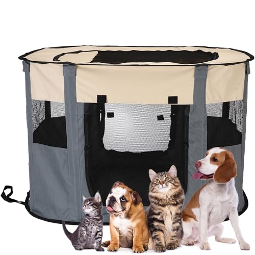 Sea Team Faltbarer Laufstall für Haustiere, robust, geruchsfrei, tragbar, für Hunde und Katzen, für drinnen und draußen, Welpenlaufstall mit Netzeinsätzen, Grau, L von Sea Team