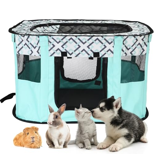 Sea Team Faltbarer Laufstall für Haustiere, robust, geruchsfrei, tragbar, für Hunde und Katzen, für drinnen und draußen, Welpenlaufstall mit Netzeinsätzen, Grün, S von Sea Team