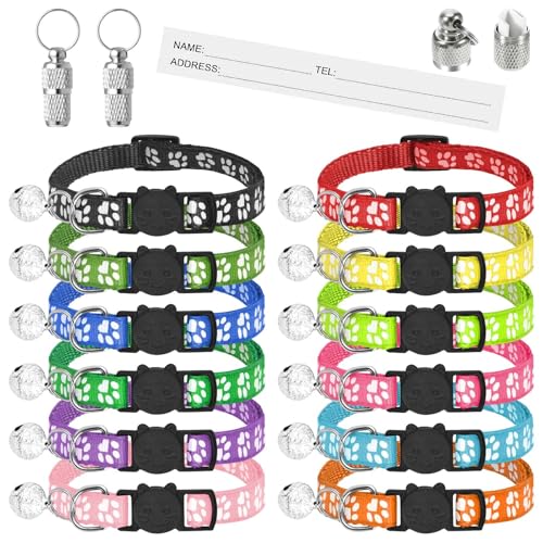 12 Pack Cat Collar,Cat Collars with Bells and Safety Quick Release Buckle,Adjustable 19-32cm,Suitable for Most Domestic Cats with 2 Pack Anti-Lost Tags von SeaMorn