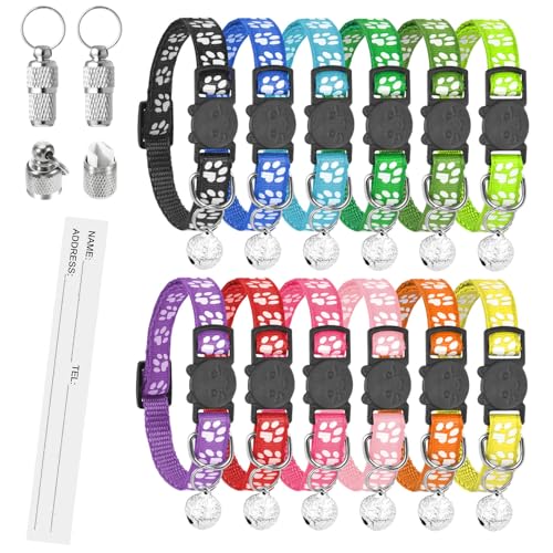 Katzenhalsband,Katzenhalsband mit Namen Adress, Katzenhalsband mit Sicherheitsverschluss und Glöckchen,Reflektierend Halsband Katze Verstellbar (12 Stück+2 ID Tag) von SeaMorn