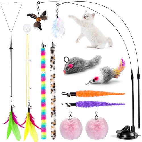 SeaMorn Interaktives Katzenspielzeug, Katzenspielzeug Angelrute mit Saugnapf, 2 Hängende Katzenseilspielzeuge, 12 Austauschbare Federspielzeuge SeaMorn Interaktives Katzenspielzeug, Katzenspielzeug Angelrute mit Saugnapf, 2 Hängende Katzenseilspielzeuge, 12 Austauschbare Federspielzeuge von SeaMorn