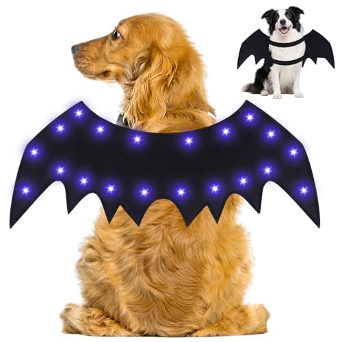 Halloween Kostüm Hund, Hund Fledermaus Kostüme, Halloween Haustier Kostüm Fledermaus, Fledermausflügel Hunde, Haustier Fledermausflügel LED, Filz Hundekostüm für Hunde Katzen Cosplay,43x20cm,Schwarz von Seasboes
