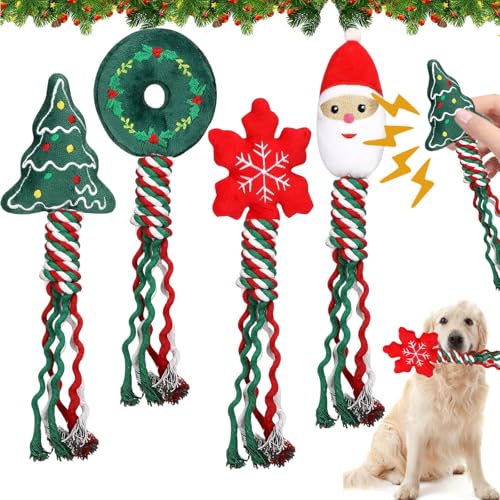 Hundespielzeug Weihnachten, 4 Stück Kauspielzeug Hund, Hundespielzeug Unzerstörbar, Interaktives Hundespielzeug, Kuscheltier für Hunde, Zerrspielzeug Hund, Geeignet als Christmas Geschenke für Hunde von Seasboes