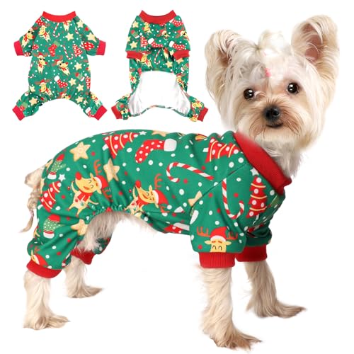 Weihnachtspyjama für kleine Hunde, Winter, Chihuahua, Yorkie, Hundekleidung, weicher Samt, Welpenoutfits, Jumpsuits, Neujahrs-Hundebekleidung (Grün, S) von Sebaoyu
