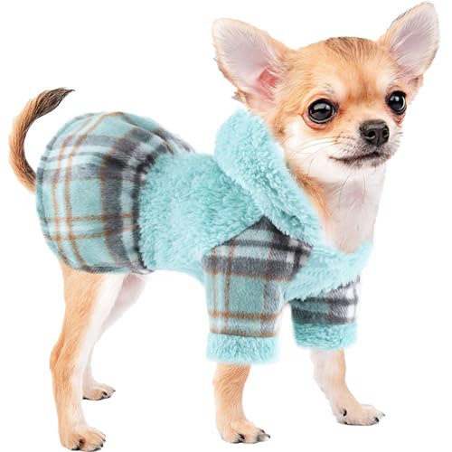 Winter-Hundepulloverkleid, niedliches, warmes Fleece-Hunde-Kapuzenpullover für kleine Hunde, Mädchen, rosa kariert, Welpenkleider für Chihuahua, Yorkie, Katzenbekleidung (XXS, Blau) von Sebaoyu