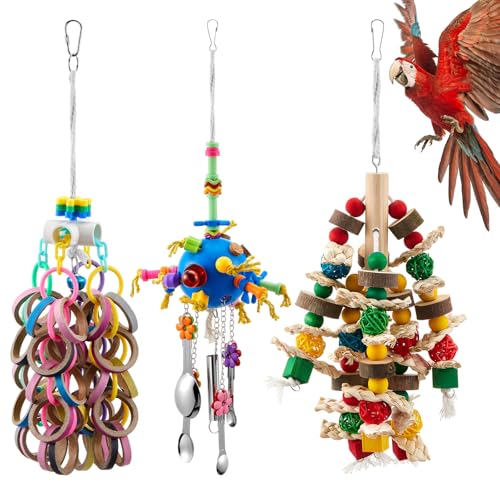 Seenelling Papageienspielzeug, extra groß, mehrfarbig, natürliches Holz, Kauspielzeug für große, mittelgroße Aras, Kakadus, afrikanische Grauvögel (Ring und Ball), 3 Stück von Seenelling