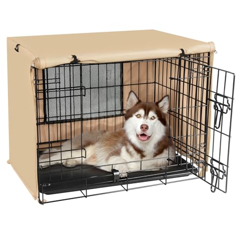 Seiyierr Abdeckung für Hundekäfig, passend für 106,7 cm große Hundekäfige, Doppeltür-Polyester-Kistenabdeckung für Drahtkäfig, Innen- und Außenbereich, Hellbraun von Seiyierr