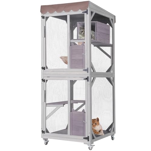 Seiyierr Catio Katzenkäfig 66-Zoll H Großes Katzenhaus auf Rädern Wasserdichtes Dach Kratzstil und Hängematte Outdoor Katzenkäfig PVC-Schicht (Grau) von Seiyierr