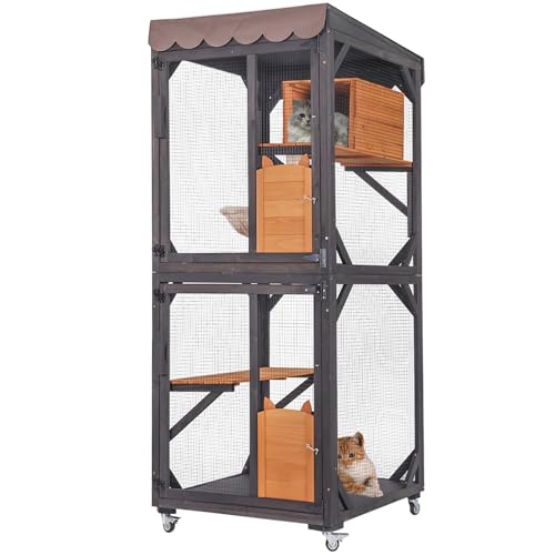 Seiyierr Catio Katzenkäfig 66-Zoll hoch, großes Katzenhaus auf Rädern, wasserdichtes Dach, Kratzstil und Hängematte, Outdoor Katzenkäfig PVC-Schicht (Braun) von Seiyierr
