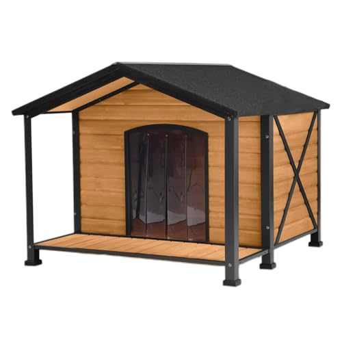 Seiyierr Outdoor-Hundehütte wetterfest hölzerne Hundehütte für mittelgroße bis große Hunde Eisenrahmen Indoor Outdoor-Hundehütte Welpen Zwinger Haustiere warmes Haus im Winter mit großer Veranda von Seiyierr