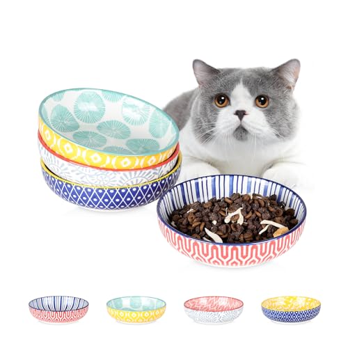 Selamica Keramik-Futternäpfe für Katzen, 4 Stück, 14 cm breit, flach, für Futter und Wasser, 237 ml, kleine Flache Katzen-Futternäpfe zur Linderung von Schnurrhaar, spülmaschinenfest, Verschiedene von Selamica