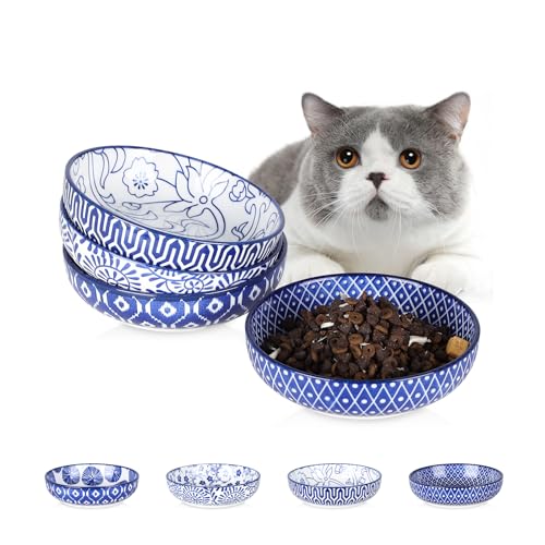 Selamica Keramik-Katzenfutternapf, 4 Stück, 14 cm breit, Flache Katzennäpfe für Futter und Wasser, Vintage-Blau von Selamica