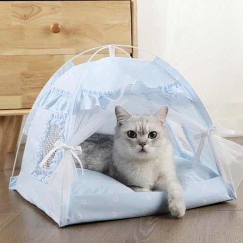Katzenbett-Zelte, Hundehütte, für drinnen und draußen, Netzgewebe, atmungsaktiv, Fenster-Türvorhänge, abnehmbar, tragbar, Nest, Tip-Haus (mittelgroß, blau) von Selena