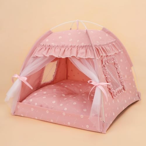 Katzenbett-Zelte, Hundehütte, für drinnen und draußen, Netzgewebe, atmungsaktiv, Fenster-Türvorhänge, abnehmbar, tragbar, Nest, Tipi-Haus, groß, Rosa (gerüschter Teim) von Selena