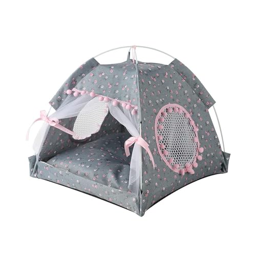 Katzenbett-Zelte, Hundehütte, für drinnen und draußen, Spitzen-Netzgewebe, atmungsaktiv, Fenster-Türvorhänge, abnehmbar, tragbar, Nest, Tip-Haus (klein, grau und rosa) von Selena