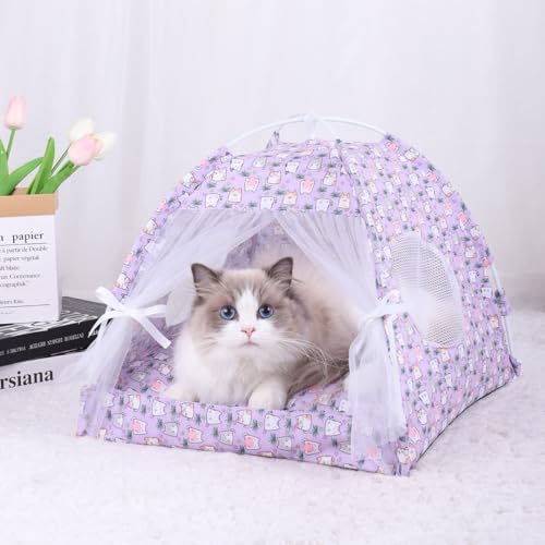 Selena Hundezelt, Katzenbett, für drinnen und draußen, Schleife, Netzgewebe, atmungsaktiv, Fenstertürvorhänge, abnehmbar, tragbar, Haustiernest, Tipe (M, Violett + Katze) von Selena