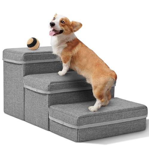 SenDeluz Hundetreppe für Kleine Hunde, 3 Stufen Faltbare Katzentreppe Treppe mit Aufbewahrungsboxen Haustiertreppe für Sofa und Bett Hunde Treppe von SenDeluz