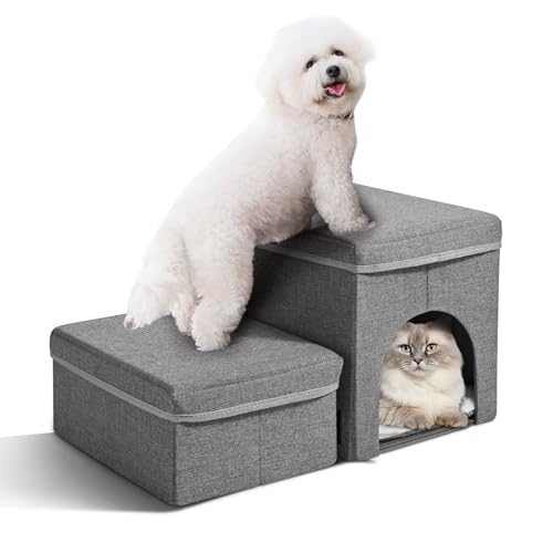 SenDeluz Hundetreppe für Sofa, faltbare Katzentreppe mit Aufbewahrungsbox, zusammenklappbare Hundetreppe für den Innenbereich, 3-in-1-Katzenhütte, freundlich für kleine Hunde, Katzen oder verletzte von SenDeluz
