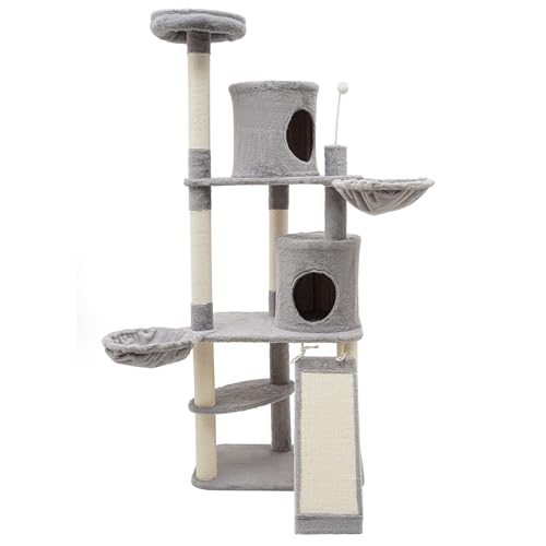 150 cm Katzen Kratzbaum Kletterturm mit Spielzeug mehrstöckiges Katzenkratzbaum für Hauskatzen mit 2 Plattform Hängematte und Sisal-Kratzstämmen Grau Liegemulde Höhle Hängematte 150 cm Katzen Kratzbaum Kletterturm mit Spielzeug mehrstöckiges Katzenkratzbaum für Hauskatzen mit 2 Plattform Hängematte und Sisal-Kratzstämmen Grau Liegemulde Höhle Hängematte von Sengfwin