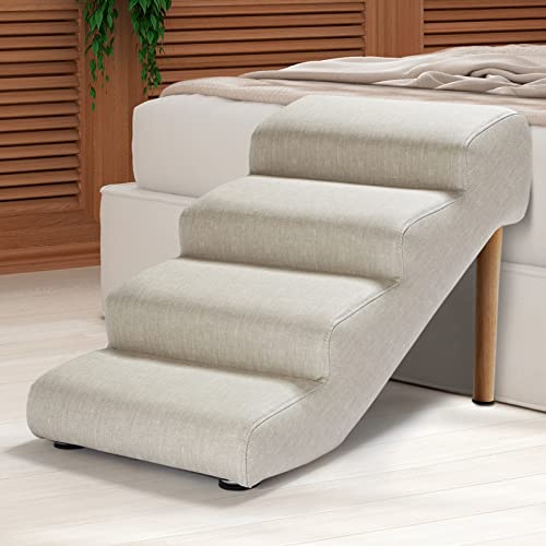 Senneny Hundetreppe aus Kunstleder, wasserdicht, Kratzfest, mit hochdichtem Schaumstoff und abnehmbaren Holzbeinen, Hellbeige, 4 Stufen von Senneny