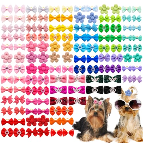 Senniea 100 Stück gemischte kleine und mittelgroße Hundehaarschleifen, niedliche Vollgummi-Schleifen für den täglichen Gebrauch, Urlaub, Geburtstage, Hundehaarkostüm-Zubehör von Senniea