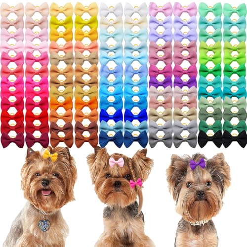 Weiche Hundeschleifen mit Gummibändern, einfarbig, handgefertigt, Topknot-Schleifen für Hunde, Welpen, Katzen, Kaninchen, Yorkie, Haustierhaarpflege, 60 Farben, 100 Stück (50 Paar) von Senniea