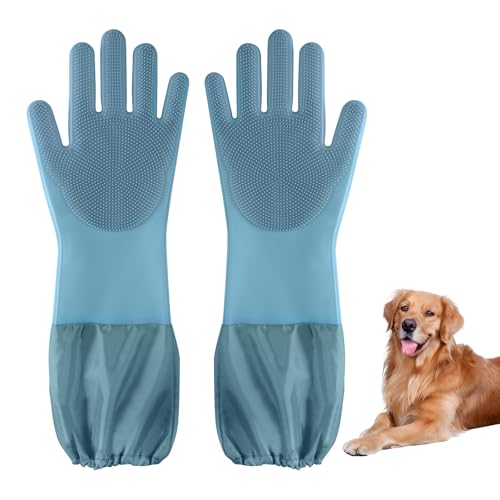 Senquoyn Hundewaschhandschuhe und Fellpflege-Handschuhe, extra lange Arme (43,9 cm) für Katze/Hund/Pferd, Massage- und Haarentfernungshandschuhe mit Badebürste (Hazy Blue) von Senquoyn