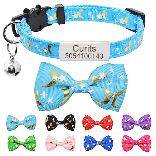 Senristar Personalisiertes Katzenhalsband mit Namensschild & Glocke, Stern-Mond-Design, Polyester, Breakaway Verschluss, Für alle Katzengrößen, Himmelblau, Gepunktet, Stern und Mond Charms von Senristar