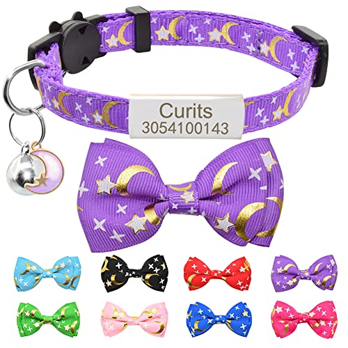 Personalisierte Sterne Monde Katzenhalsband mit Namensschild & Glocke,Benutzerdefinierte Breakaway Fliege Katzenhalsband mit Namensschild Fit 20-28 cm Violett von Senristar