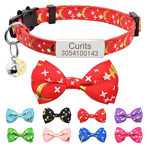 Personalisierte Sterne Monde Katzenhalsband mit Namensschild & Glocke,Benutzerdefinierte Breakaway Fliege Katzenhalsband mit Namensschild Fit 20-28 cm Rot von Senristar