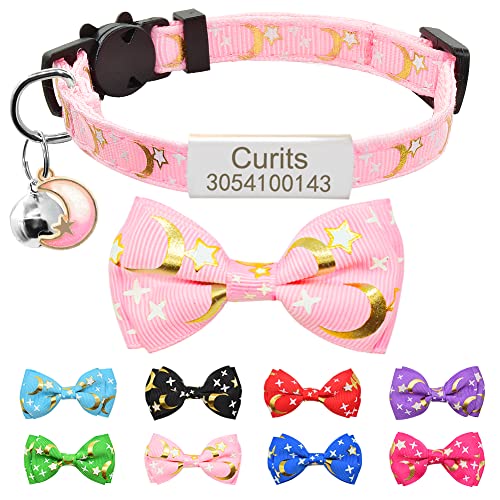 Personalisierte Sterne Monde Katzenhalsband mit Namensschild & Glocke,Benutzerdefinierte Breakaway Fliege Katzenhalsband mit Namensschild Fit 20-28 cm Rosa von Senristar