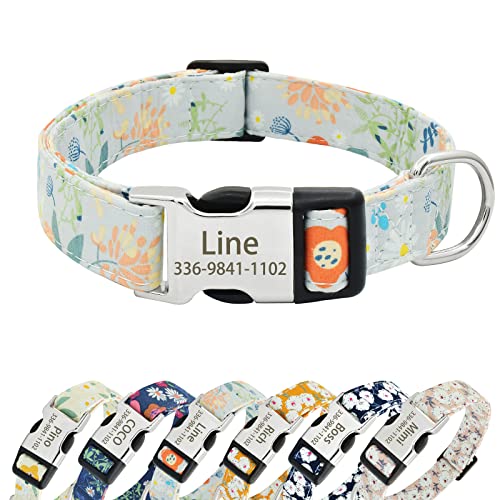 Senristar Personalisiertes florales Hundehalsband mit Namen, Benutzerdefinierte Blume Drucken Hundehalsbänder mit Gravierten Schnalle für Kleine Mittlere Große Hunde von Senristar