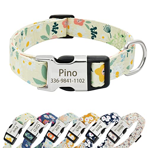 Senristar Personalisiertes florales Hundehalsband mit Namen, Benutzerdefinierte Blume Drucken Hundehalsbänder mit Gravierten Schnalle für Kleine Mittlere Große Hunde von Senristar