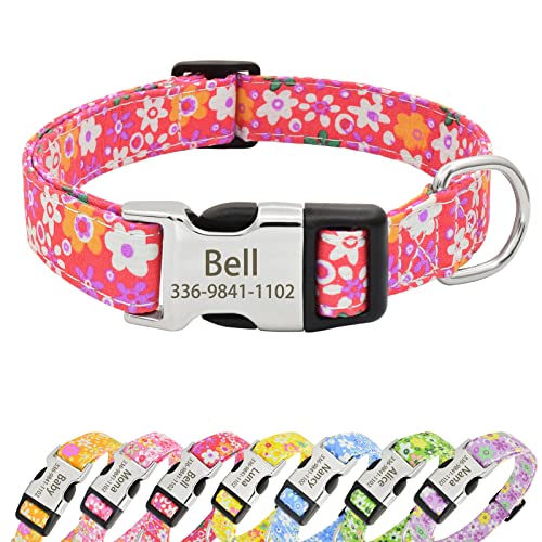 Senristar Personalisiertes florales Hundehalsband mit Namen, Benutzerdefinierte Blume Drucken Hundehalsbänder mit Gravierten Schnalle für Kleine Mittlere Große Hunde von Senristar