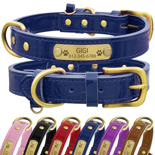 Senristar Personalisierte Hundehalsband aus Echtem Leder mit Eingraviertem Namensschild - Langlebiges und Stilvolles Hundehalsband für Kleine, Mittlere und Große Hunde (L, Blau) von Senristar