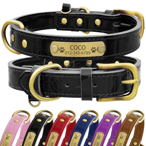 Senristar Personalisierte Hundehalsband aus Echtem Leder mit Eingraviertem Namensschild - Langlebiges und Stilvolles Hundehalsband für Kleine, Mittlere und Große Hunde (L, Schwarz) von Senristar