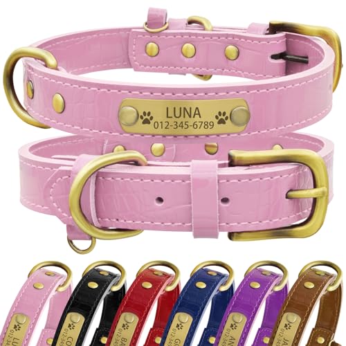 Senristar Personalisierte Hundehalsband aus Echtem Leder mit Eingraviertem Namensschild - Langlebiges und Stilvolles Hundehalsband für Kleine, Mittlere und Große Hunde (M, Rosa) von Senristar