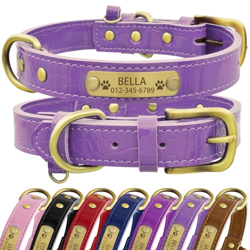 Senristar Personalisierte Hundehalsband aus Echtem Leder mit Eingraviertem Namensschild - Langlebiges und Stilvolles Hundehalsband für Kleine, Mittlere und Große Hunde (S, Hellviolett) von Senristar