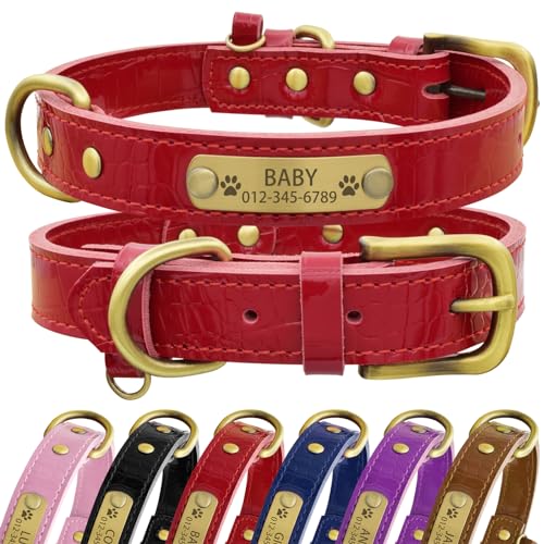 Senristar Personalisierte Hundehalsband aus Echtem Leder mit Eingraviertem Namensschild - Langlebiges und Stilvolles Hundehalsband für Kleine, Mittlere und Große Hunde (S, Rot) von Senristar