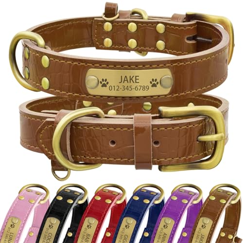 Senristar Personalisierte Hundehalsband aus Echtem Leder mit Eingraviertem Namensschild - Langlebiges und Stilvolles Hundehalsband für Kleine, Mittlere und Große Hunde (XL, Braun) von Senristar