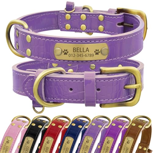 Senristar Personalisierte Hundehalsband aus Echtem Leder mit Eingraviertem Namensschild - Langlebiges und Stilvolles Hundehalsband für Kleine, Mittlere und Große Hunde (XL, Hellviolett) von Senristar