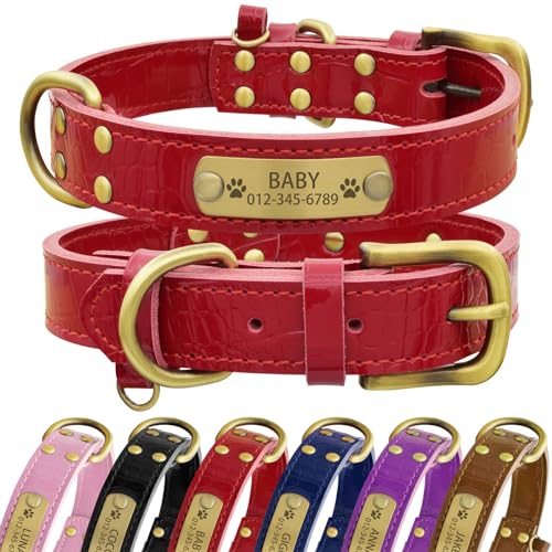 Senristar Personalisierte Hundehalsband aus Echtem Leder mit Eingraviertem Namensschild - Langlebiges und Stilvolles Hundehalsband für Kleine, Mittlere und Große Hunde (XL, Rot) von Senristar