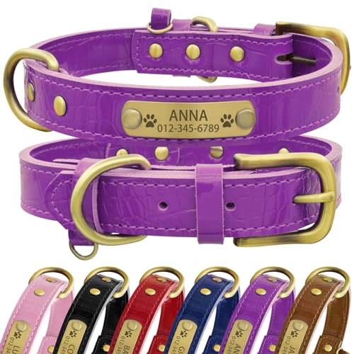 Senristar Personalisierte Hundehalsband aus Echtem Leder mit Eingraviertem Namensschild - Langlebiges und Stilvolles Hundehalsband für Kleine, Mittlere und Große Hunde (XS, Violett) von Senristar