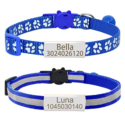 Senristar Personalisierte 2 Pack Reflektierende Katze Halsband,Benutzerdefinierte Breakaway Katze Halsbänder mit Namensschild und Glocke, Anti-Verlust Namensschild Katze Halsband für Mädchen & Jungen von Senristar