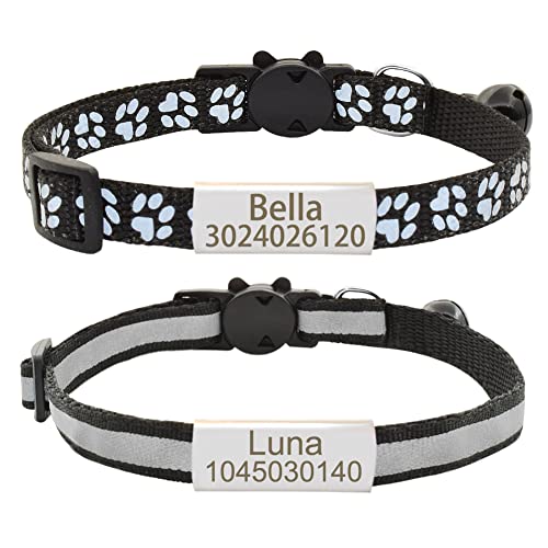 Senristar Personalisierte 2 Pack Reflektierende Katze Halsband,Benutzerdefinierte Breakaway Katze Halsbänder mit Namensschild und Glocke, Anti-Verlust Namensschild Katze Halsband für Mädchen & Jungen von Senristar