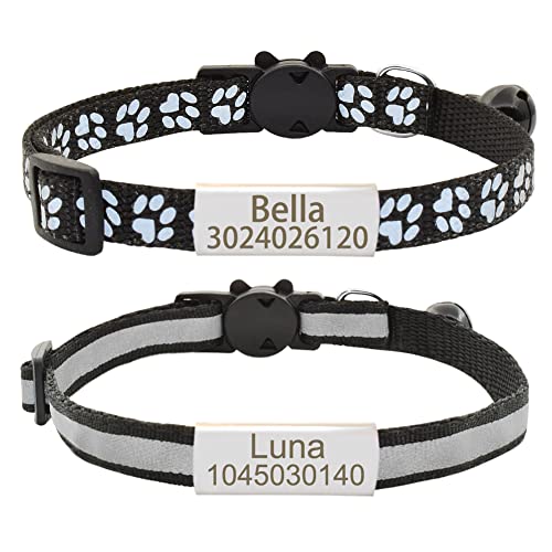 Senristar Personalisierte 2 Pack Reflektierende Katze Halsband, Benutzerdefinierte Breakaway Halsbänder mit Namensschild und Glocke, Anti-Verlust für Mädchen & Jungen, Nacken: 20-28 cm von Senristar