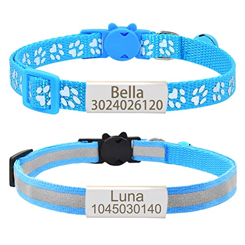 Senristar Personalisierte 2 Pack Reflektierende Katze Halsband,Benutzerdefinierte Breakaway Katze Halsbänder mit Namensschild und Glocke, Anti-Verlust Namensschild Katze Halsband für Mädchen & Jungen von Senristar