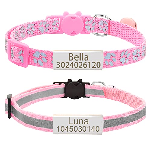 Senristar Personalisierte 2 Pack Reflektierende Katze Halsband, Benutzerdefinierte Breakaway Halsbänder Mit Namensschild und Glocke, Anti-Verlust Namensschild für Mädchen & Jungen von Senristar