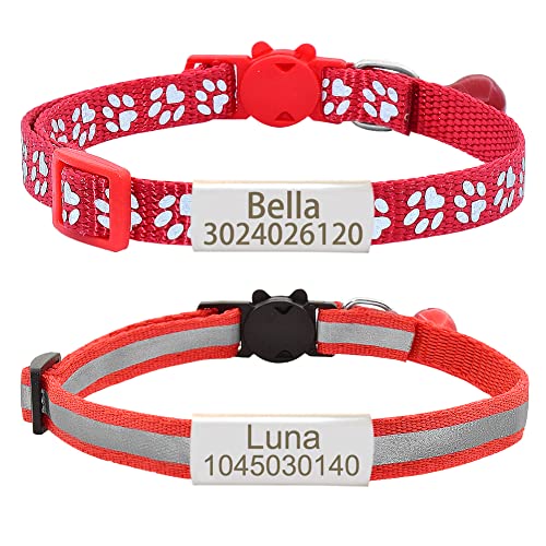 Senristar Personalisierte 2 Pack Reflektierende Katze Halsband, Benutzerdefinierte Breakaway Halsbänder Mit Namensschild und Glocke, Anti-Verlust Namensschild für Mädchen & Jungen von Senristar
