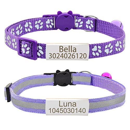 Senristar Personalisierte 2 Pack Reflektierende Katze Halsband, Benutzerdefinierte Breakaway Halsbänder mit Namensschild und Glocke, Anti-Verlust für Mädchen & Jungen, Nacken: 20-28 cm von Senristar